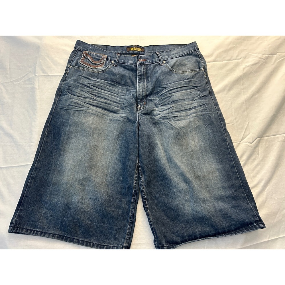 Chams Mens Baggy Denim Shorts Hip Hop Skate Y2K‎ Streetwear Embroidered Size 38